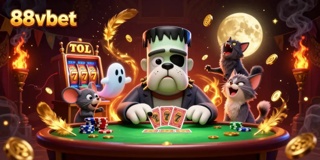 Experience thrilling gameplay at 88vbet with cartoon characters in a lively casino setting.