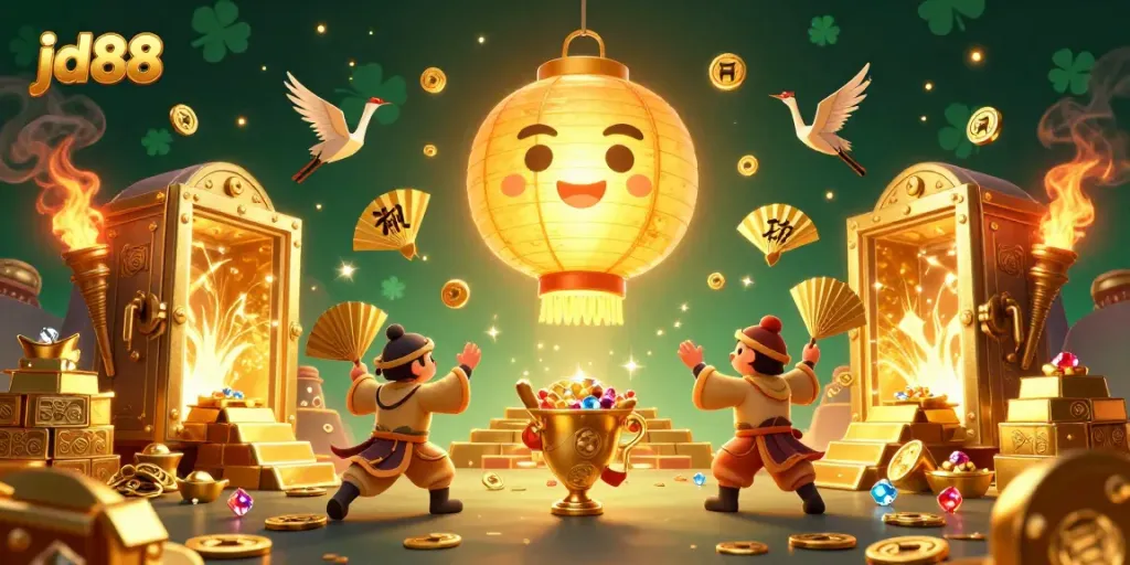 Experience the excitement of jd88 with a vibrant casino promotional scene full of treasures and lucky symbols.