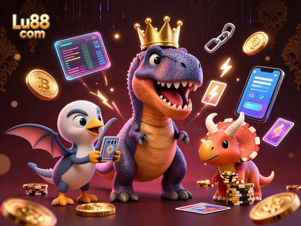Engage in epic gaming moments at Lu88 com with a fun dino casino scene featuring card games and glowing coins.