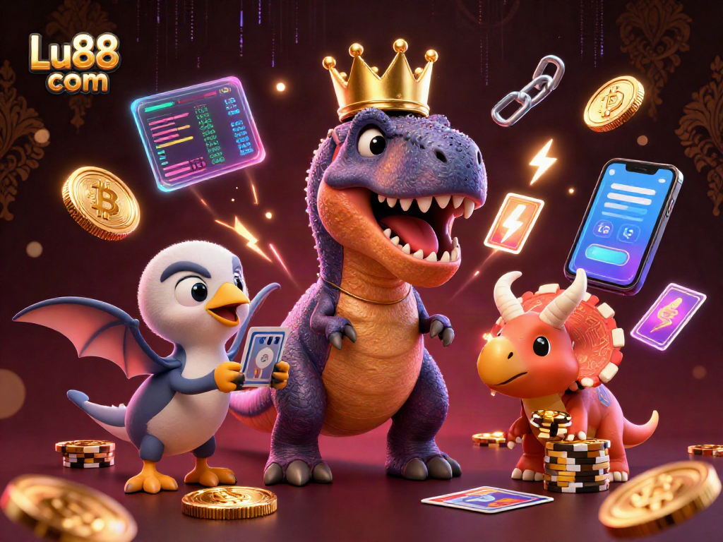 Engage in epic gaming moments at Lu88 com with a fun dino casino scene featuring card games and glowing coins.
