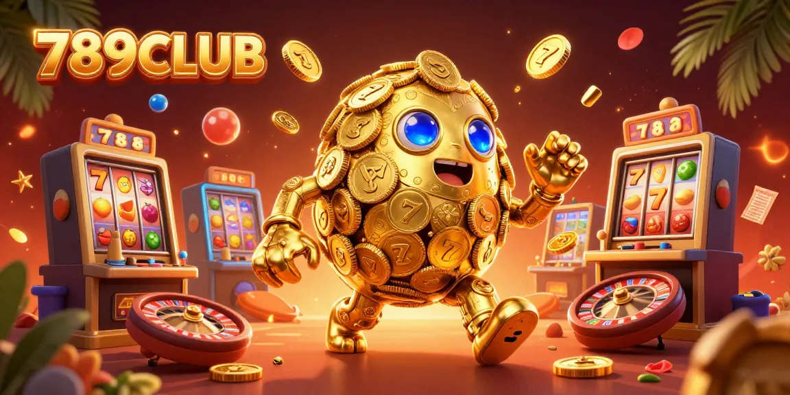 Experience the excitement at 789CLUB with a lively scene featuring a gold golem among vibrant slots and betting elements.