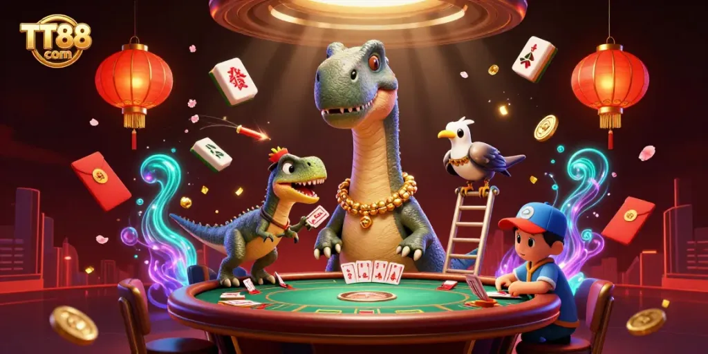 Play poker at TT88 com with a fun 3D cartoon illustration featuring a brontosaurus dealer and festive elements.
