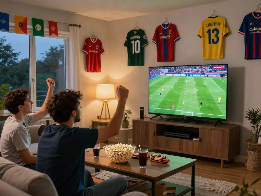 CakhiaTV football fans enjoying a live match in a vibrant living room atmosphere.