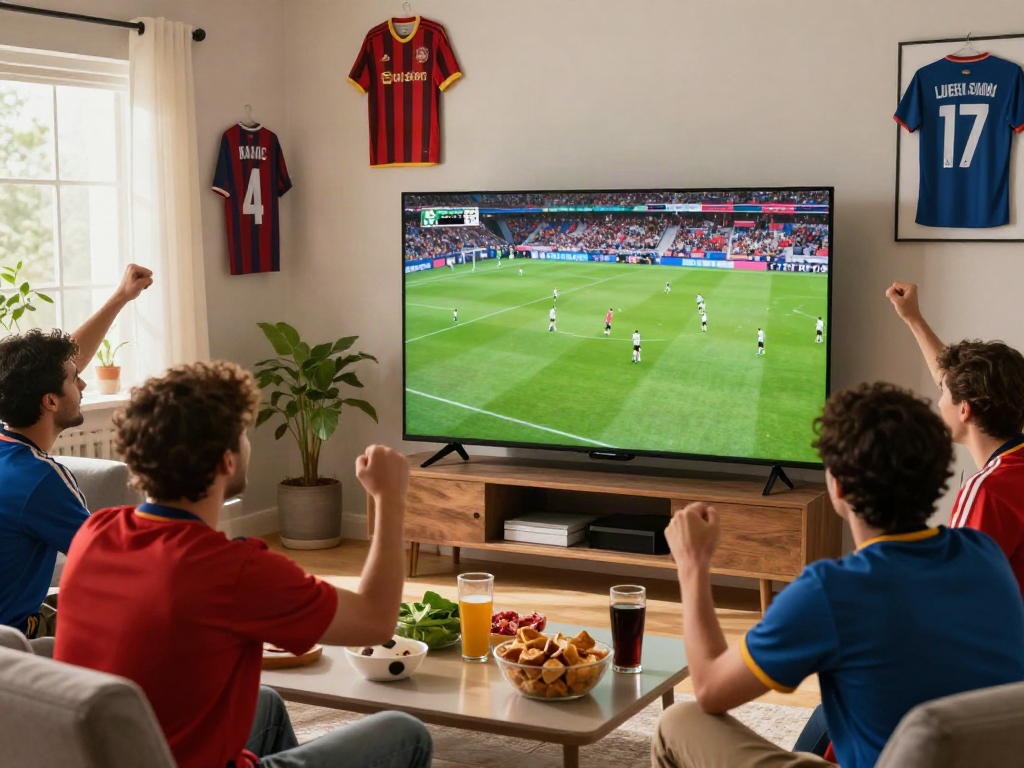 Football fan enjoying a live match on Xoilactv with friends and snacks