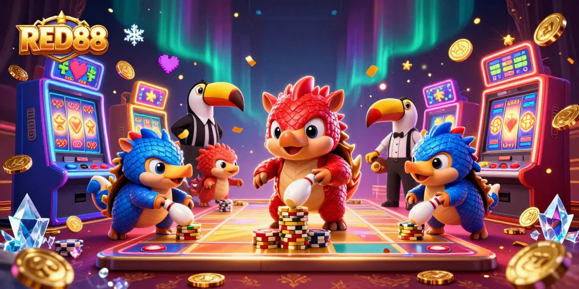 RED88 pangolins engage in colorful casino betting with vibrant slot machines and poker chips.