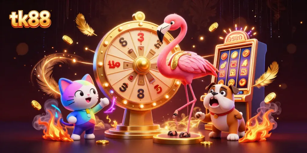 Watch tk88's exciting slot game scene with flamingo host, bulldog contestant, and cat assistant.