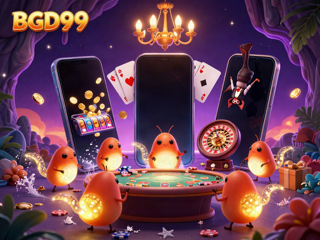 Experience the excitement at BGD99 with bioluminescent glowworms in a vibrant casino scene.