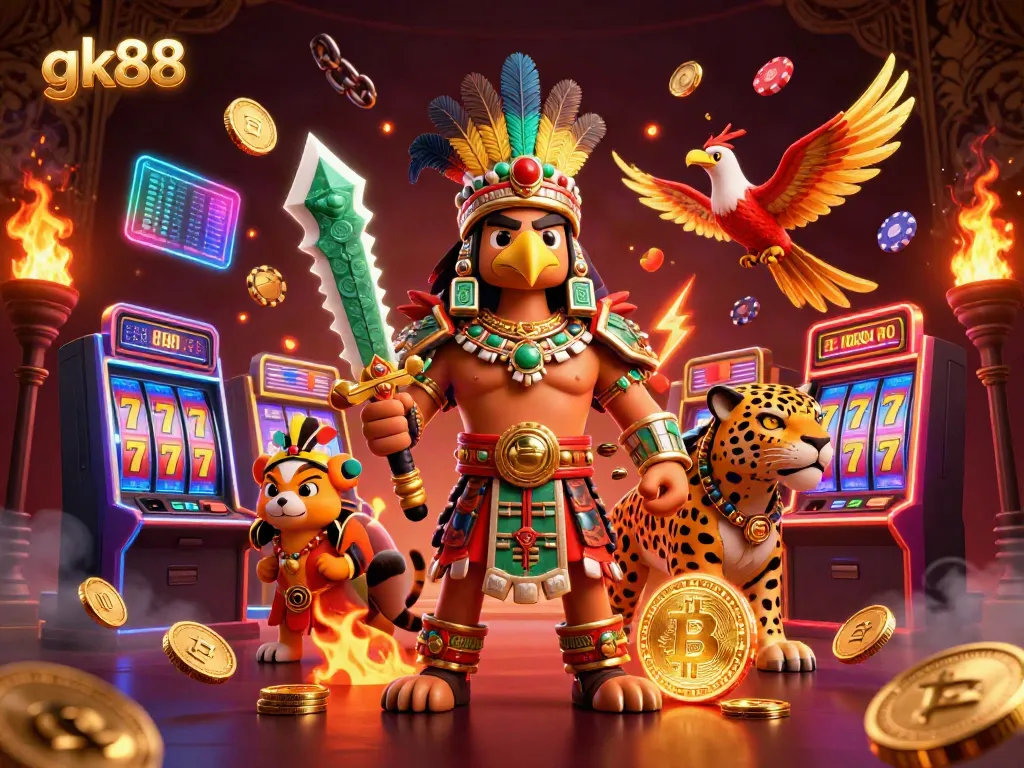 Engage in thrilling gaming with gk88 as 3D Aztec warriors explore a vibrant casino scene.