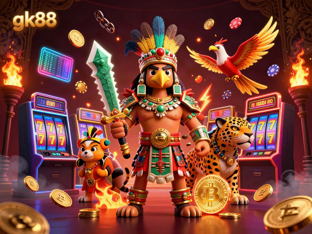 Engage in thrilling gaming with gk88 as 3D Aztec warriors explore a vibrant casino scene.