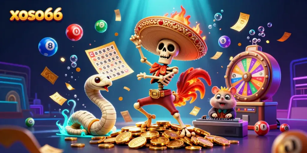 Dive into xoso66's vibrant online lottery world with a dynamic casino celebration scene.