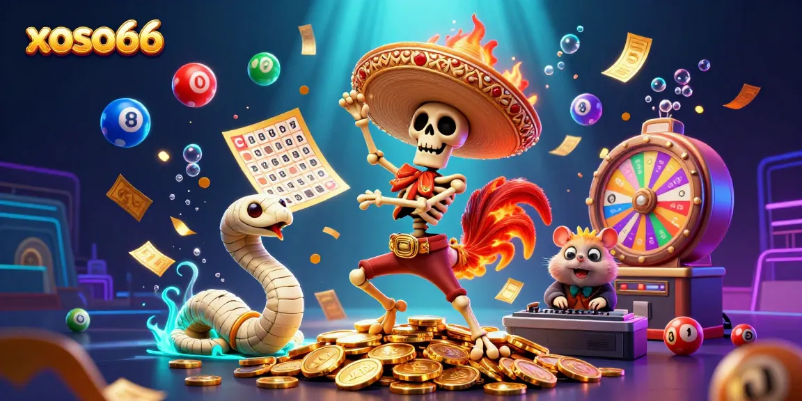 Dive into xoso66's vibrant online lottery world with a dynamic casino celebration scene.