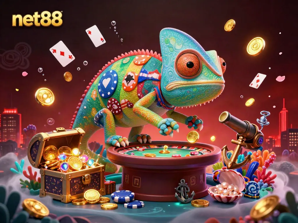 Experience the excitement of net88 with a vibrant chameleon casino scene capturing thrilling gameplay elements and treasures.