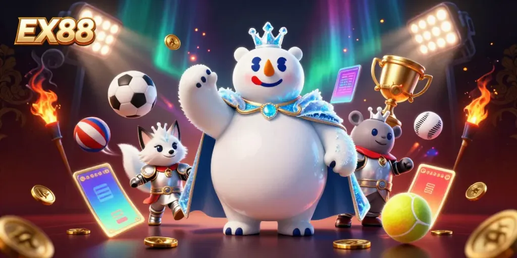 Experience the excitement of EX88 with an illustrative casino scene featuring animated characters and dynamic sports elements.