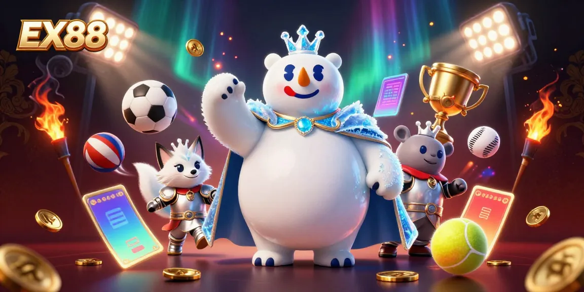 Experience the excitement of EX88 with an illustrative casino scene featuring animated characters and dynamic sports elements.