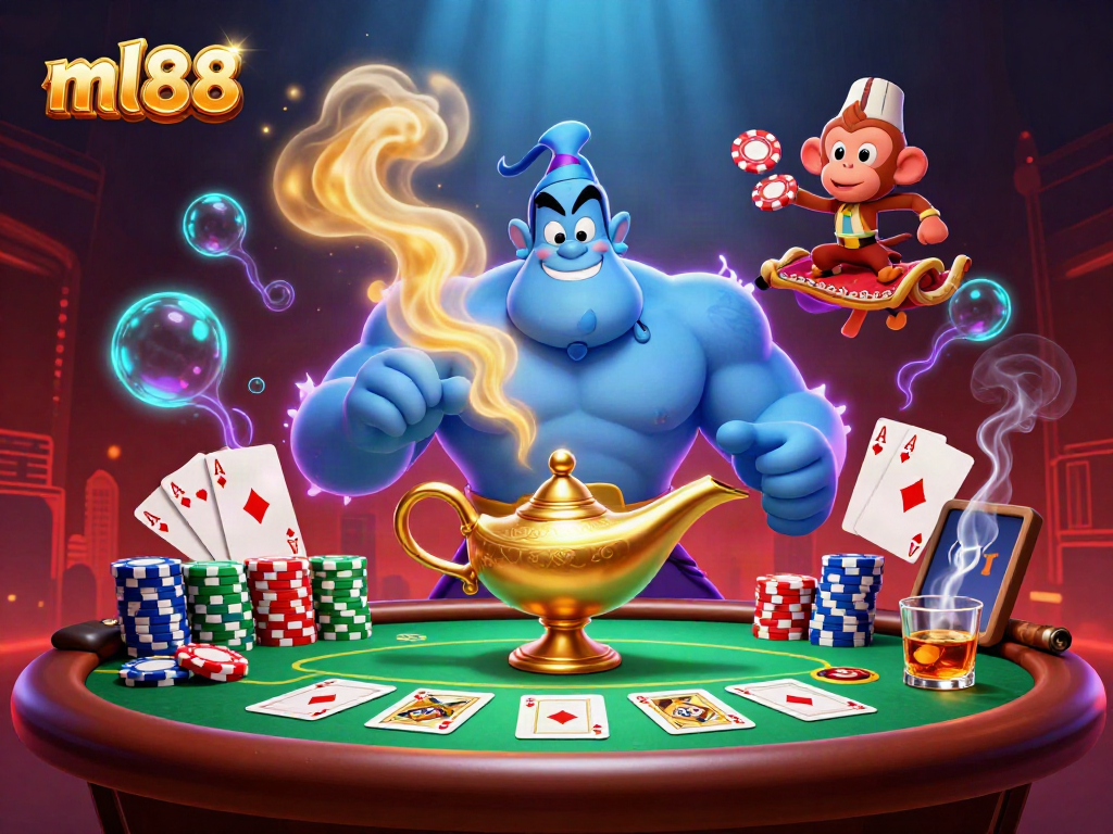 Experience the thrill of ml88 with a genie, poker elements, and magical atmosphere.