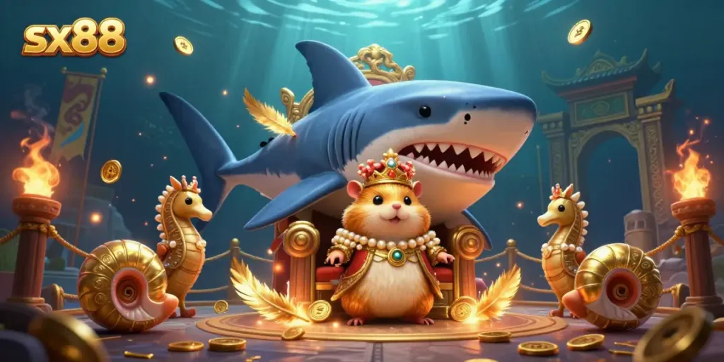 SX88 golden hamster king on a megalodon throne, surrounded by casino elements and vibrant underwater scene.