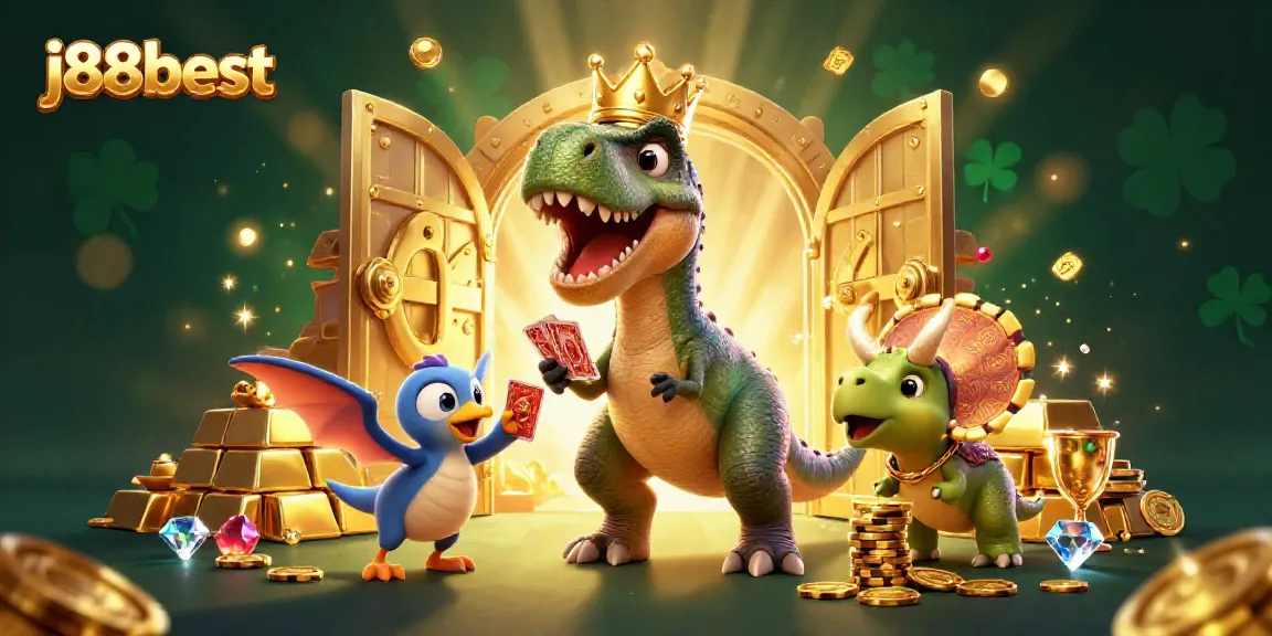 Engage with the vibrant j88best world of online gaming featuring animated dinosaurs and treasure elements.