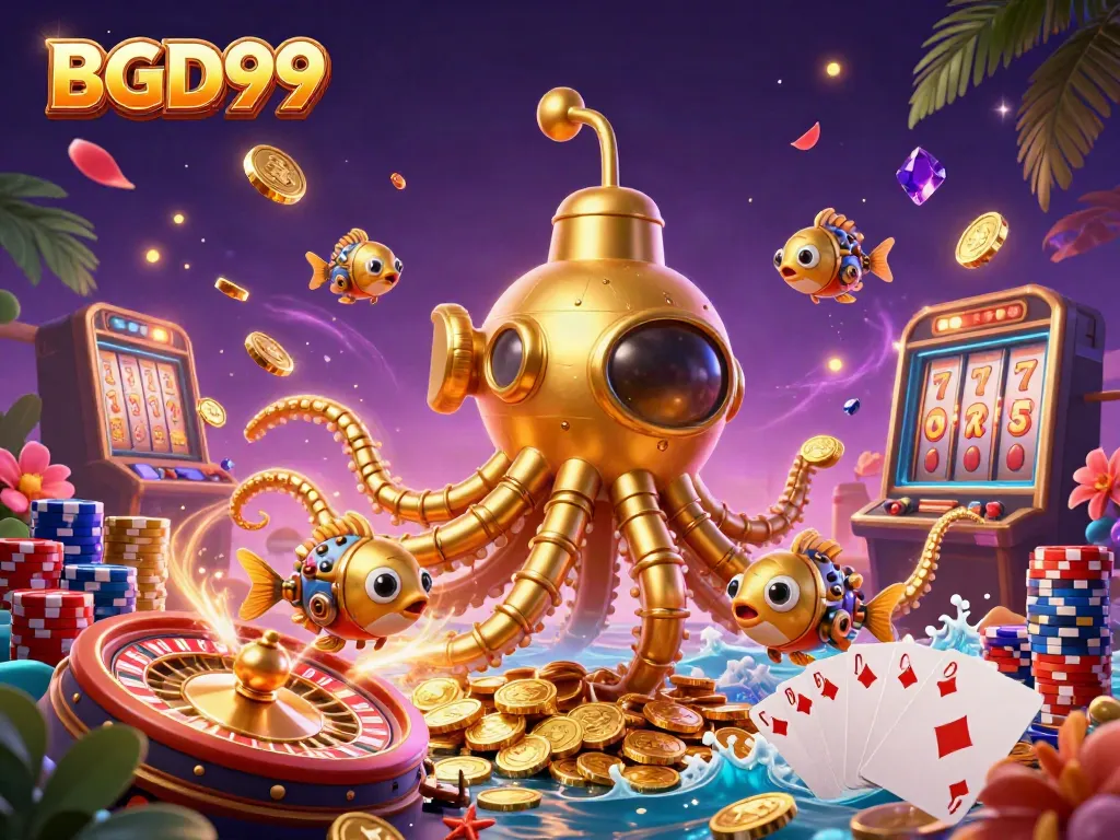 Experience vibrant BGD99 casino action with a stunning kraken submarine and golden treasures.