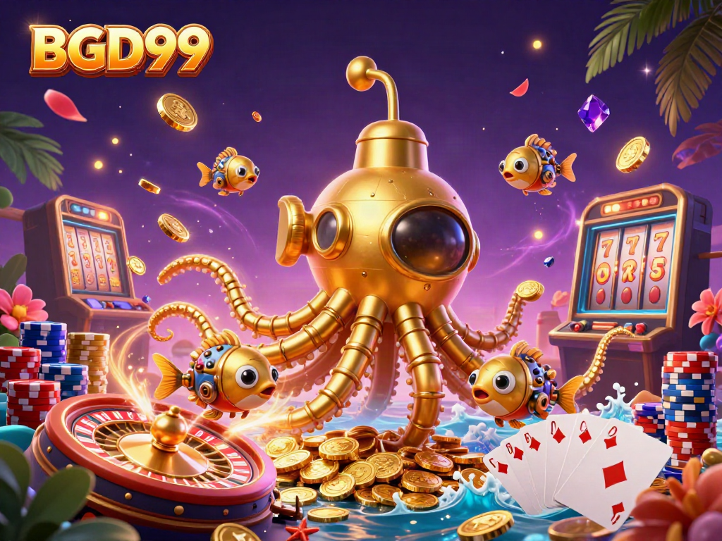 Experience vibrant BGD99 casino action with a stunning kraken submarine and golden treasures.