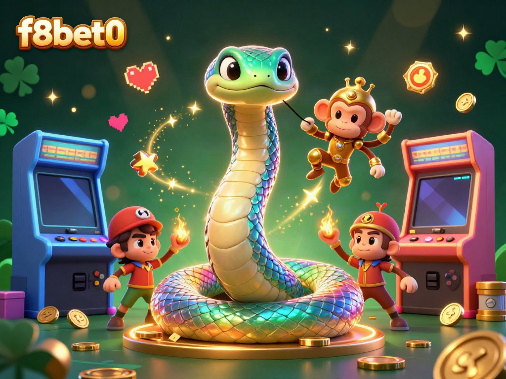 Engage with f8bet0’s dynamic gaming world featuring a vibrant serpent, monkey king, and arcade machines.