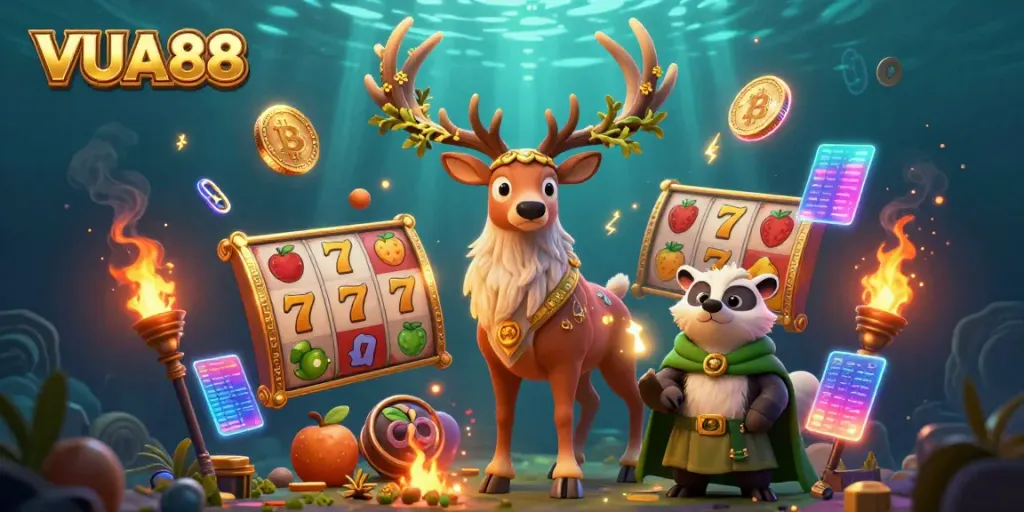 Experience thrilling slots with VUA88 in a vibrant, animated 3D casino scene.