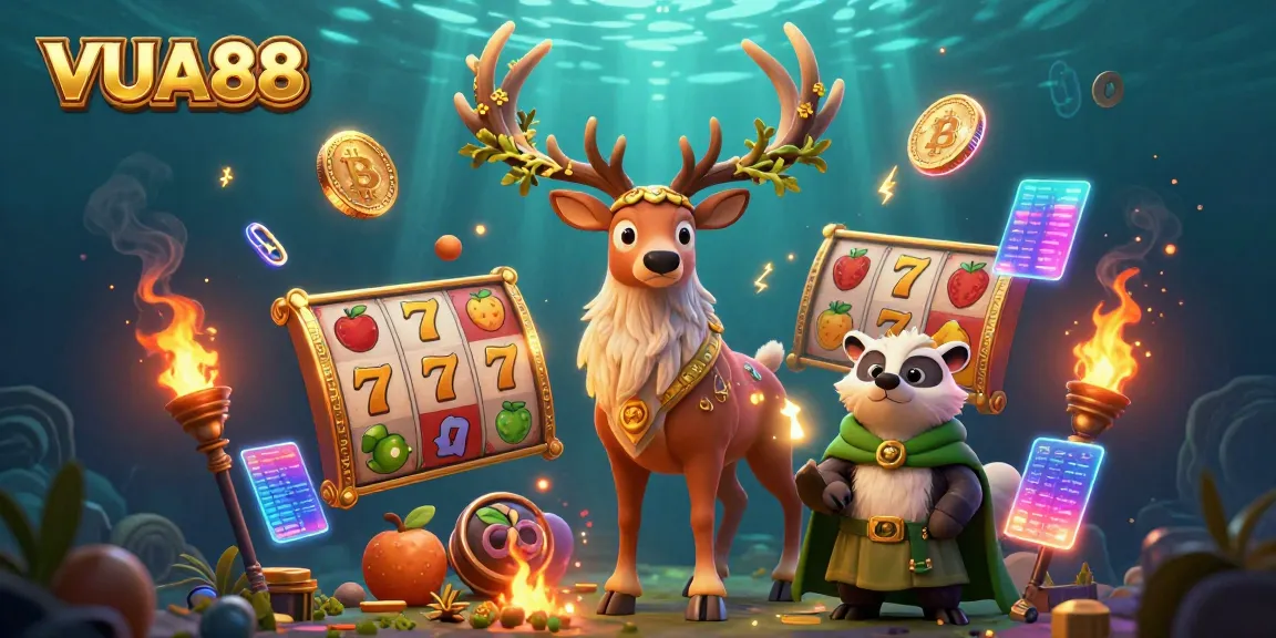 Experience thrilling slots with VUA88 in a vibrant, animated 3D casino scene.