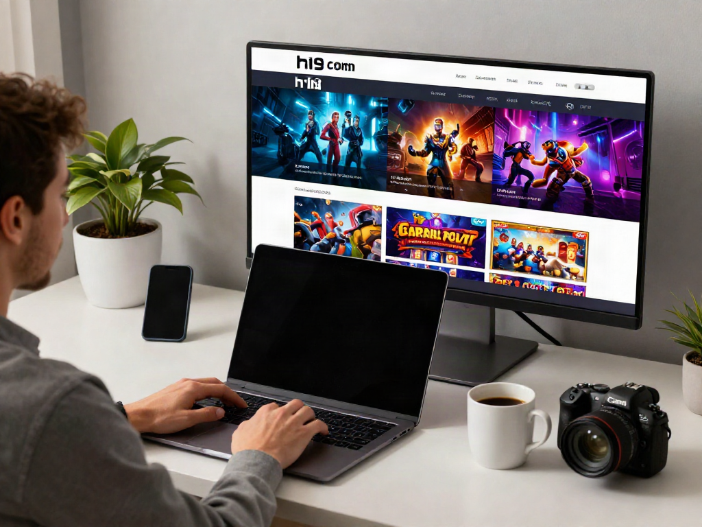 Player engaging with H19 com on laptop, creating a vibrant online gaming atmosphere.
