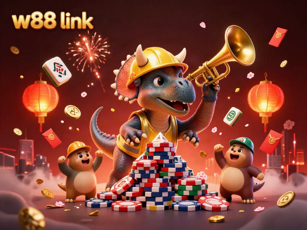 Engage with w88 link as triceratops builds poker chip pyramid amid festive elements, showcasing vibrant casino energy.