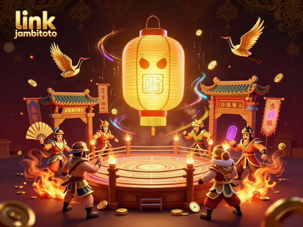 Engage in dynamic fun at link jambitoto with golden lantern spirit and warriors in a vibrant casino scene.