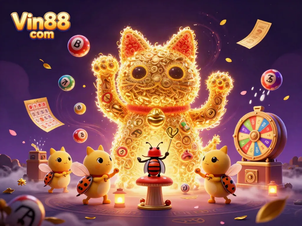 Play exciting games at Vin88 com with dynamic elements surrounding a lucky cat illustration, engaging players.