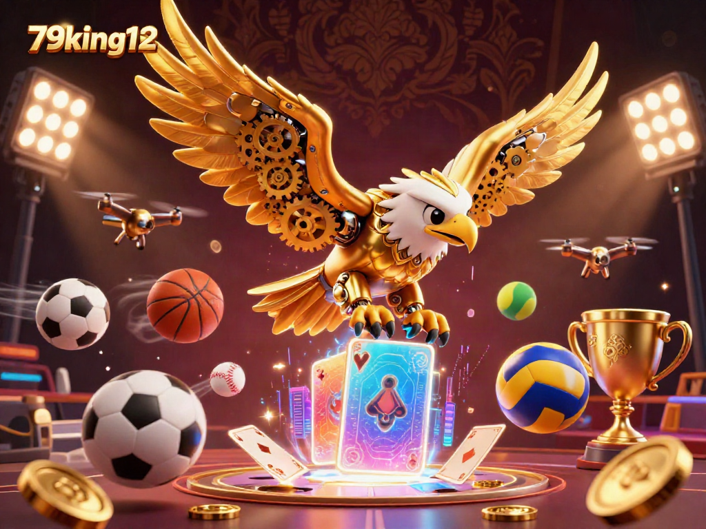 Engage with 79king12 as a golden eagle dives through holographic cards in a dynamic casino scene.