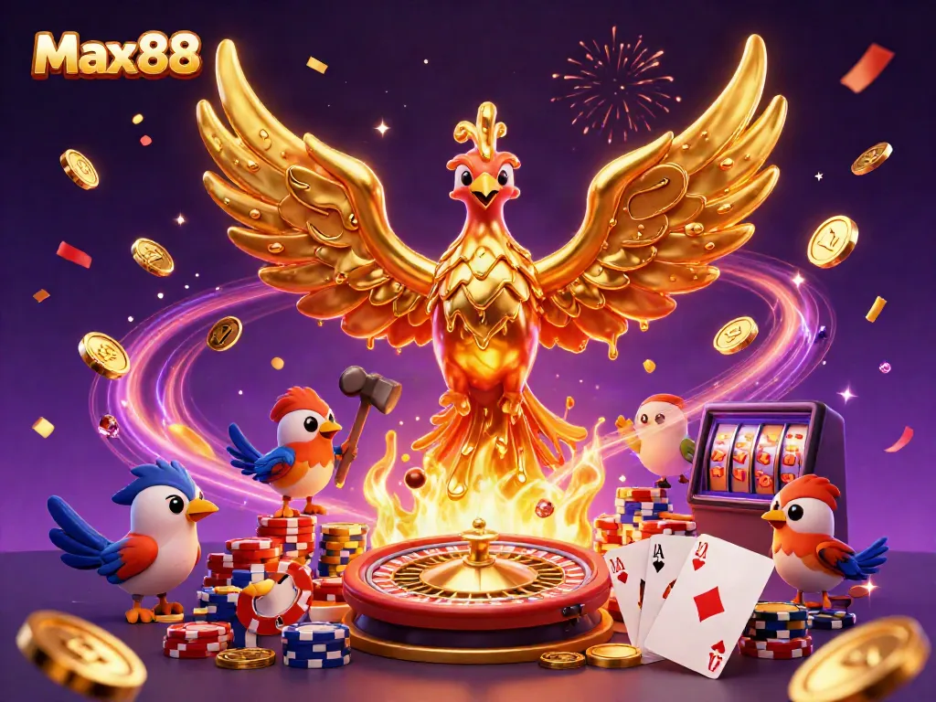 Max88 offers an exciting casino experience with a rich 3D illustration depicting gold, games, and excitement.