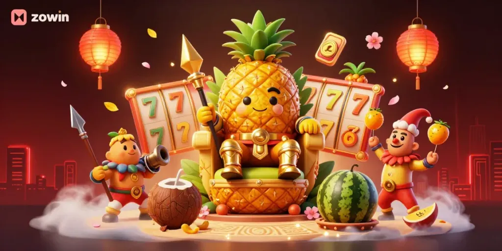 Engage thrilling jackpots at zowin with a vibrant 3D scene featuring a pineapple king and festive casino elements.