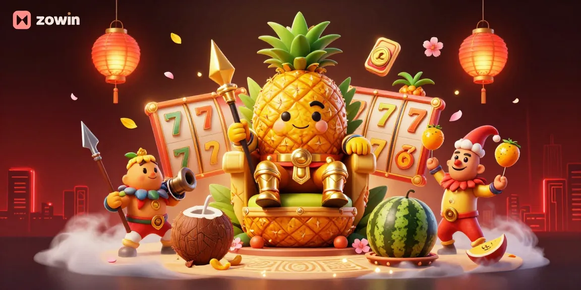 Engage thrilling jackpots at zowin with a vibrant 3D scene featuring a pineapple king and festive casino elements.
