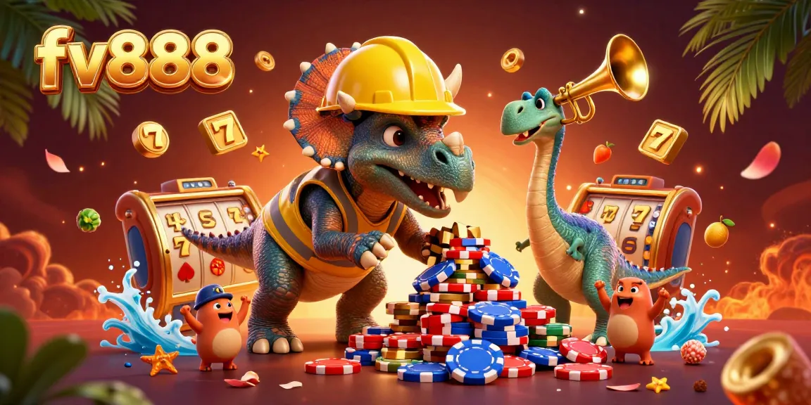 Build jackpot excitement with FV888 in a lively 3D casino illustration full of vibrant symbols.