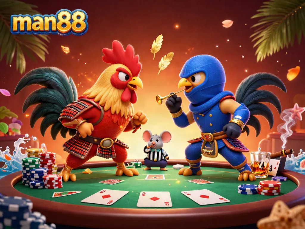 Experience thrilling gameplay with man88's dynamic standoff featuring cartoon fighting roosters in an exciting casino setting.
