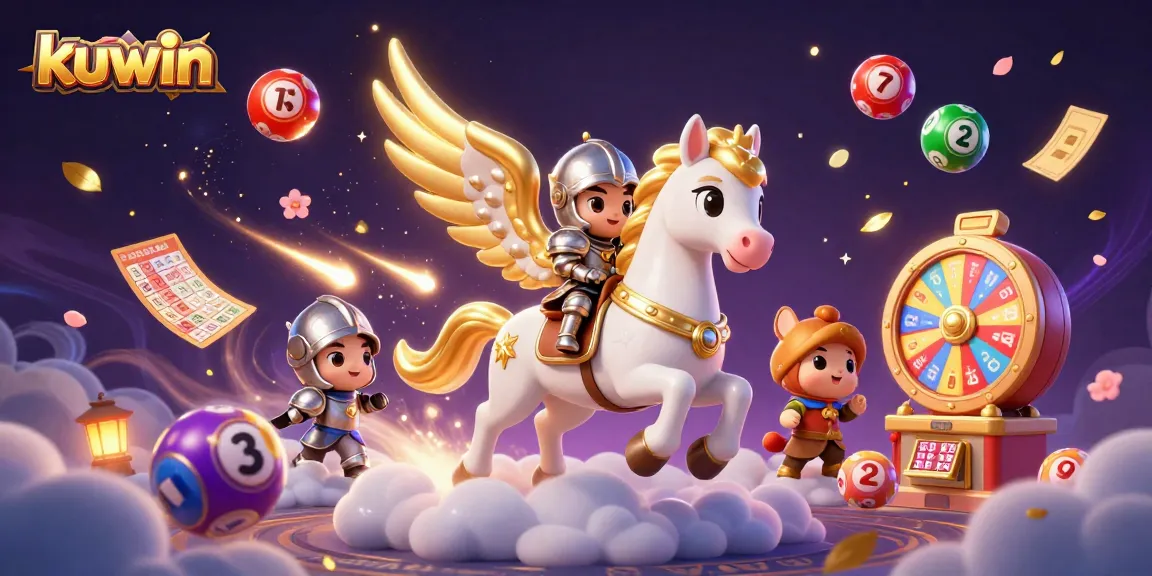 Kuwin reveals thrilling gameplay with a celestial horse and knight amidst colorful lottery elements in a vivid casino scene.