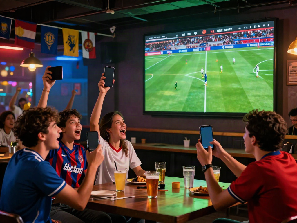 Fans enjoying a lively football match at a sports bar, showcasing the CakhiaTV experience.