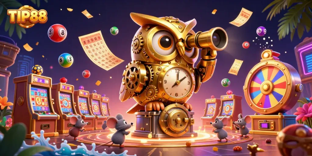 Engage with TIP88's vibrant casino world, where golden owls oversee dynamic gaming excitement.