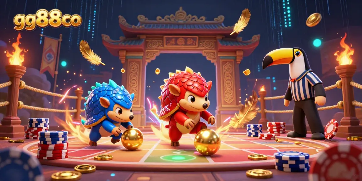 The dynamic gg88co pangolin showdown features vibrant gambling elements with poker chips and confetti.