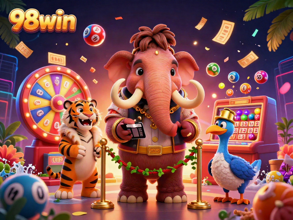 Engaging scene of 98win's woolly mammoth bouncer checking IDs with lottery elements in a vibrant casino