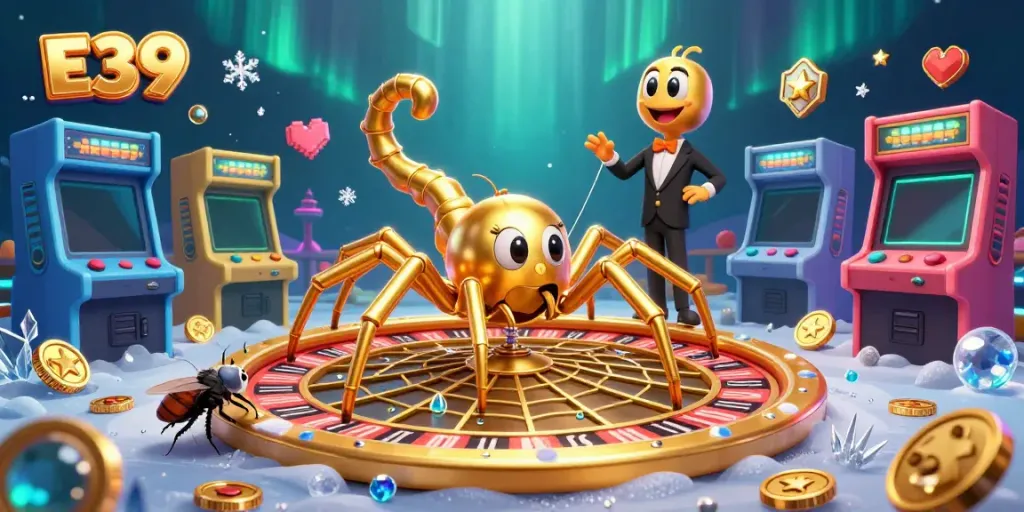 E39 players enjoy betting on a golden roulette wheel while vibrant game elements surround them.