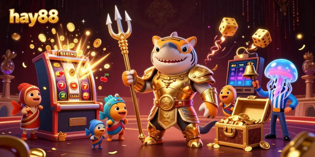 Experience exciting gameplay with hay88, featuring a dynamic scene of characters, slot machines, and rich casino elements.