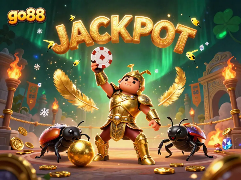 Engage in thrilling gameplay with go88, where a victorious hercules beetle celebrates a jackpot amidst a dynamic casino scene.