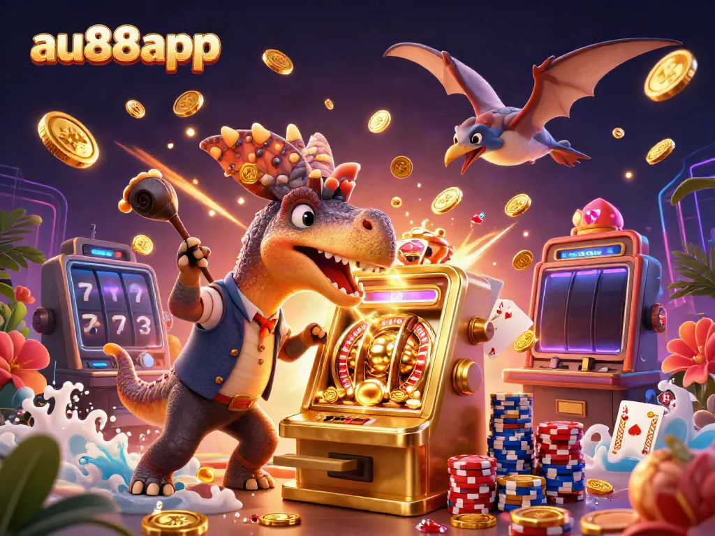 Experience the excitement of au88app as a pachycephalosaurus wins a jackpot in a vibrant casino scene.
