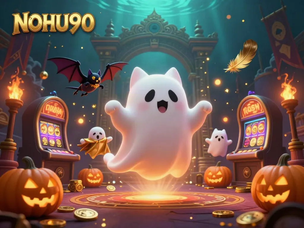 Engage with NOHU90 as a ghost cat and vampire bat navigate a haunted casino filled with glowing elements and dynamic visuals.