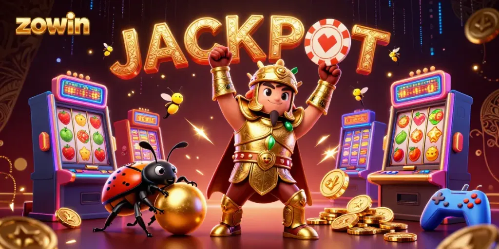 Experience the exciting jackpot at Zowin with vibrant 3D casino characters celebrating a big win.