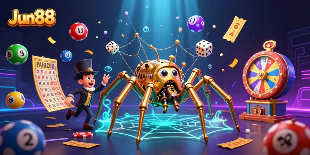 Engaging Jun88 scene showcasing a golden spider catching dice with colorful lottery balls bouncing dynamically around.