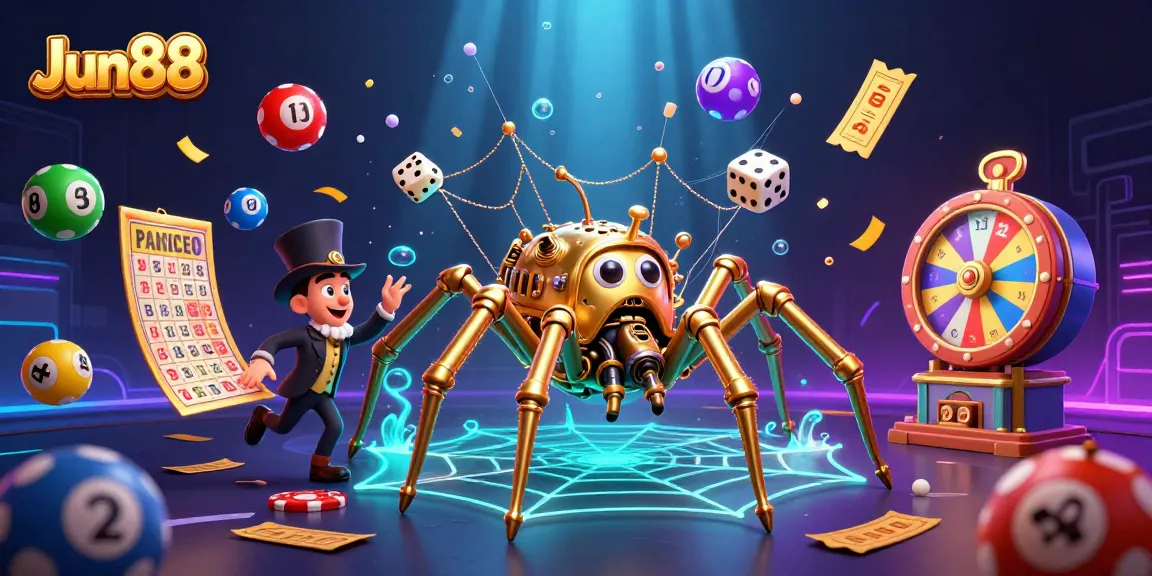 Engaging Jun88 scene showcasing a golden spider catching dice with colorful lottery balls bouncing dynamically around.