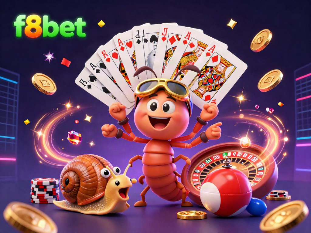 Experience thrilling gaming at f8bet with a lively cartoon casino scene showcasing characters and vibrant elements.